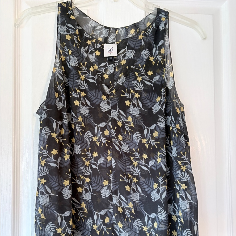 CAbi Black Top with Yellow and Gray Floral Design